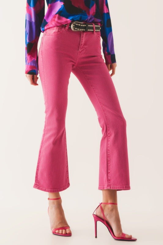 Q2 Jeans flare a vita alta in rosa