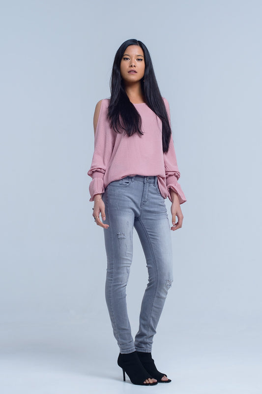 Q2 Jeans grigi con dettaglio a strappo