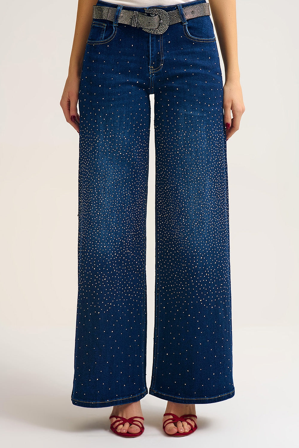 Q2 Jeans in denim a gamba larga con dettagli in strass davanti e dietro