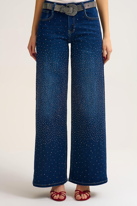 Q2 Jeans in denim a gamba larga con dettagli in strass davanti e dietro