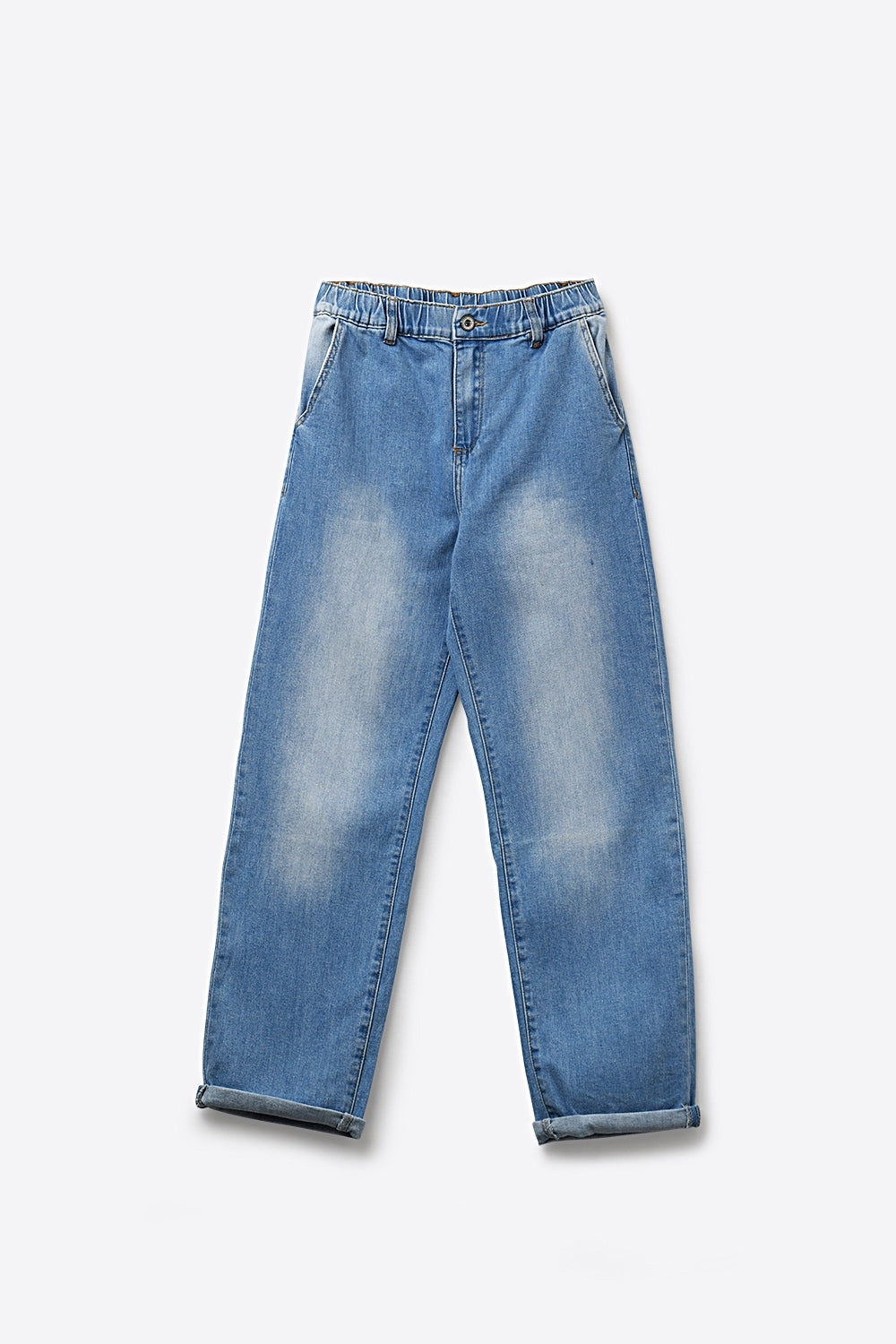 Jeans in denim a vita alta elasticizzata lavaggio chiaro e vestibilità comoda