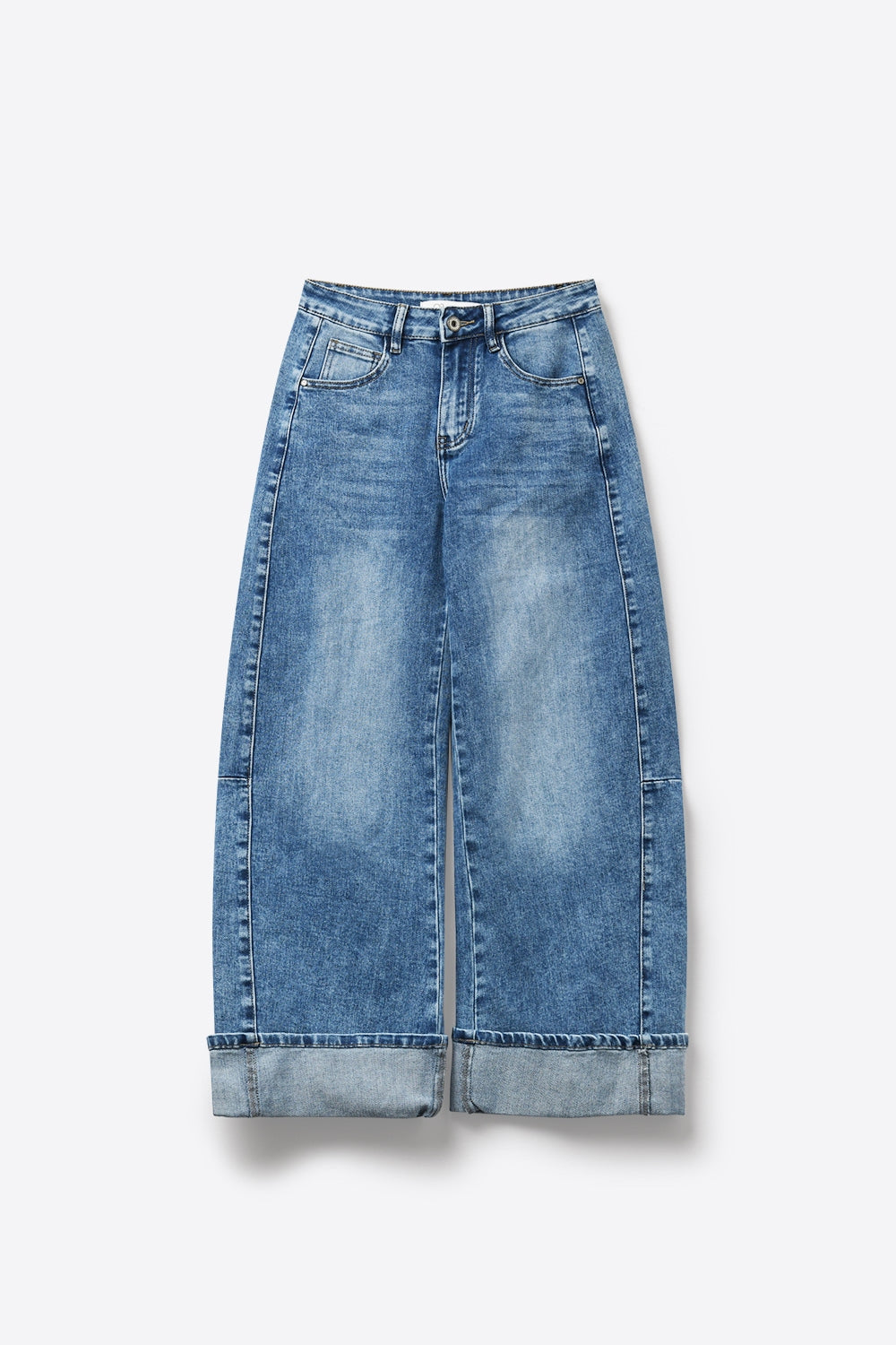 Jeans in Denim Blu a Gamba Larga Lavaggio Chiaro con Risvolti