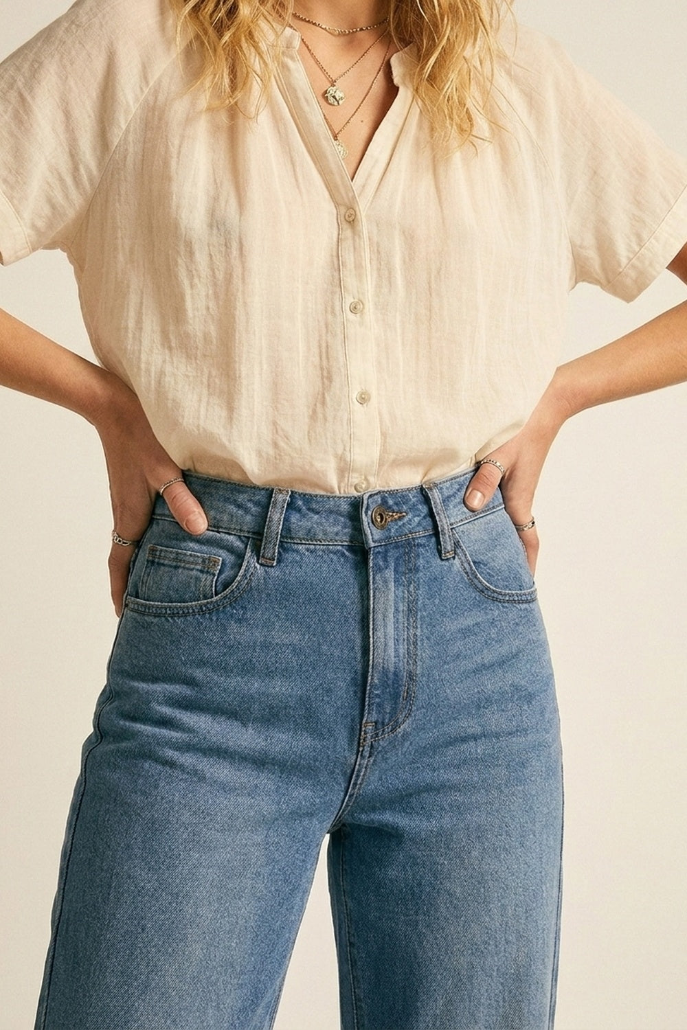 Jeans in denim blu classico a gamba dritta con vita media