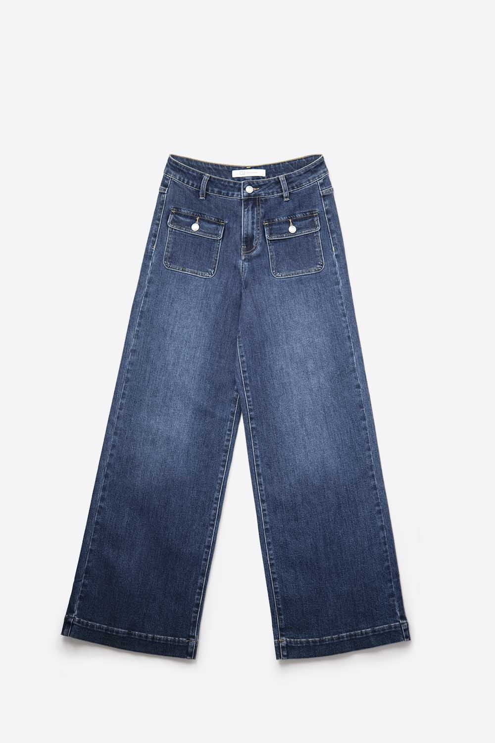 jeans in denim blu scuro a gamba larga con dettagli di bottoni