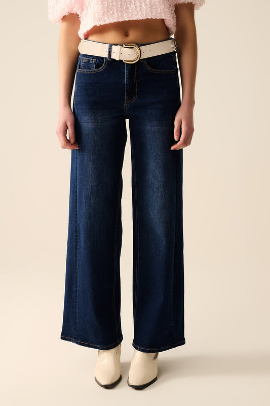 Q2 jeans in denim elasticizzati a gamba larga lavati scuri
