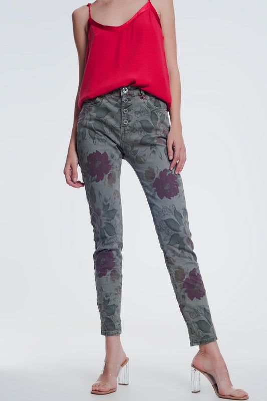 Q2 jeans kaki boyfriend con stampa floreale