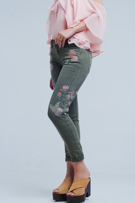 Q2 Jeans kaki con ricamo floreale