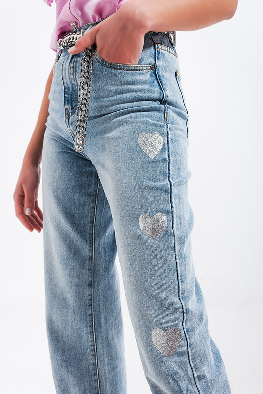 Q2 Jeans larghi stile anni 90 con stampa con cuori
