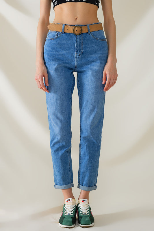 Q2 Jeans mamma a vita alta in denim stretch a lavaggio medio