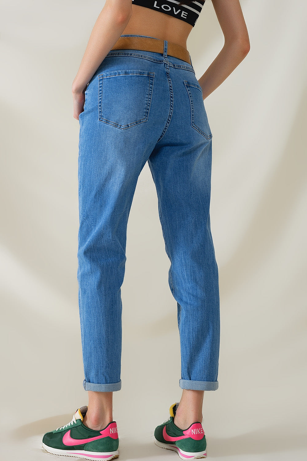 Jeans mamma a vita alta in denim stretch a lavaggio medio