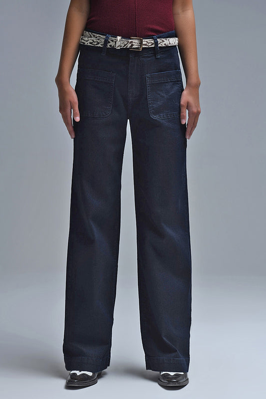 Q2 Jeans marini dritti con dettaglio tasca in blu profondo