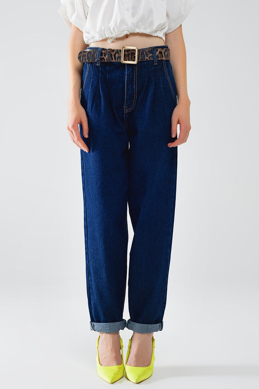 Q2 Jeans Mom blu raw con dettaglio pinces