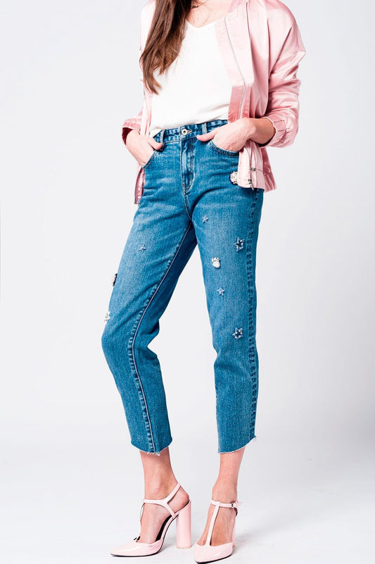 Q2 Jeans mom con ricami le stelle