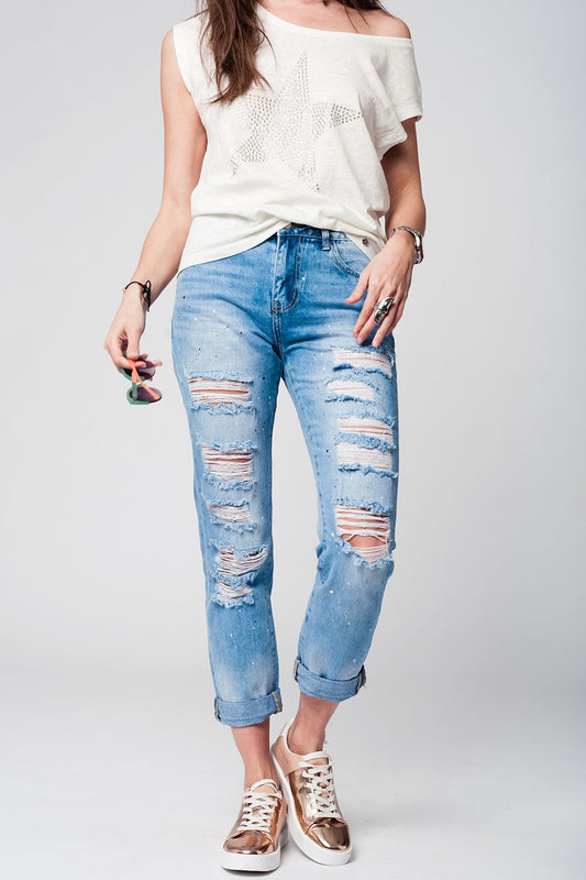 Q2 Jeans Mom con strappi estremi