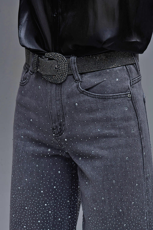 Jeans neri con strass a gamba larga