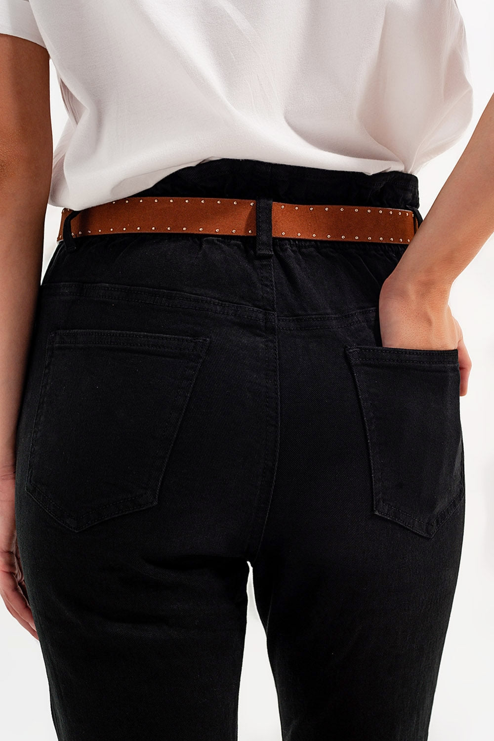 Jeans neri vita stretch con arriccio paperbag fit