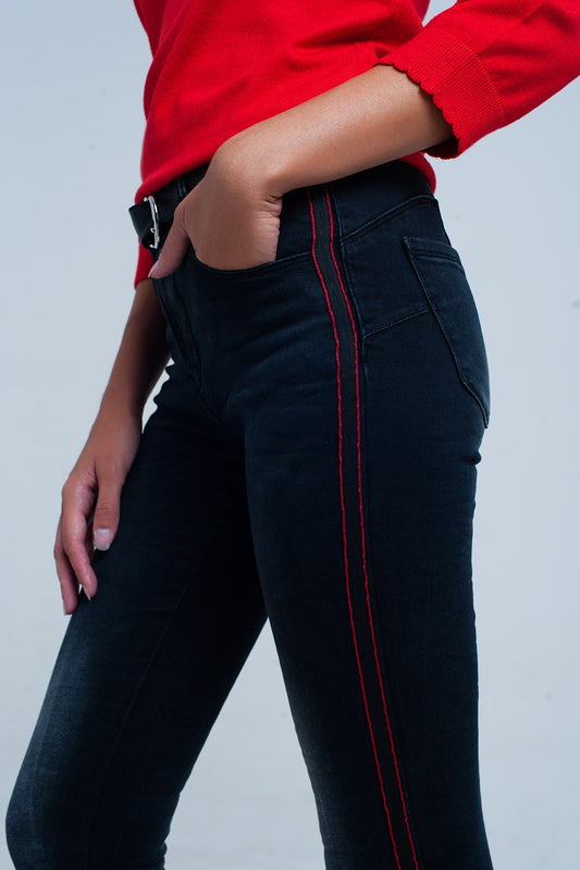 Q2 Jeans nero skinny con righe laterali