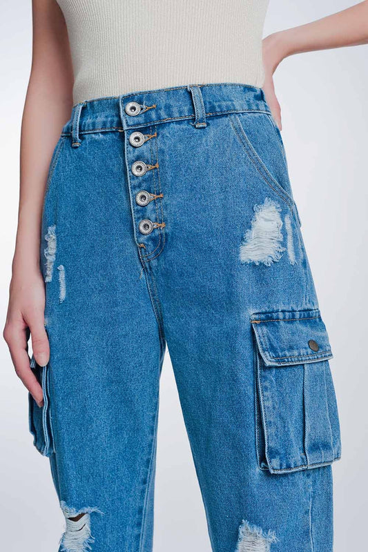 Q2 Jeans rigidi classici con tasche cargo azzurro stone wash