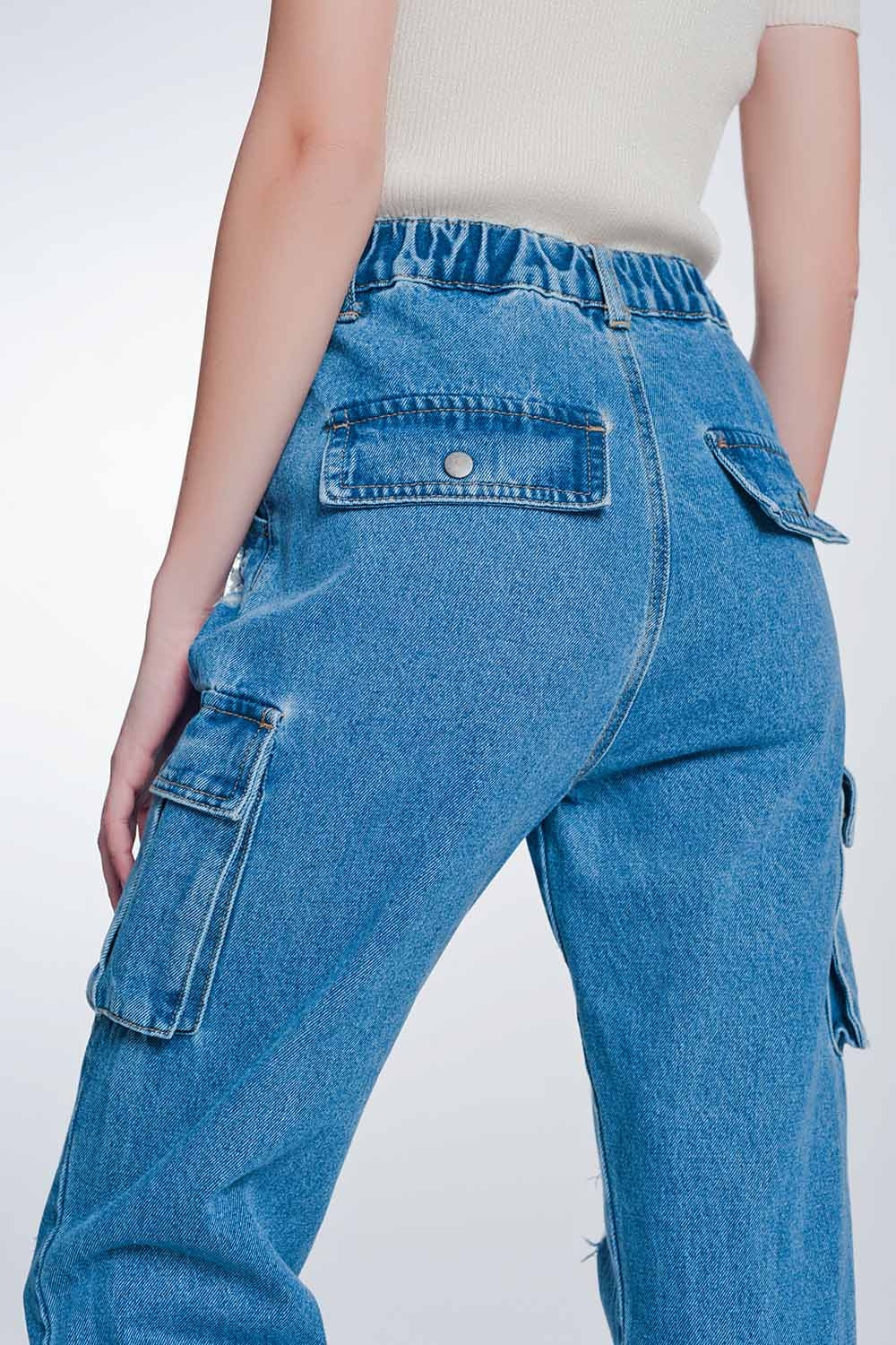 Jeans rigidi classici con tasche cargo azzurro stone wash