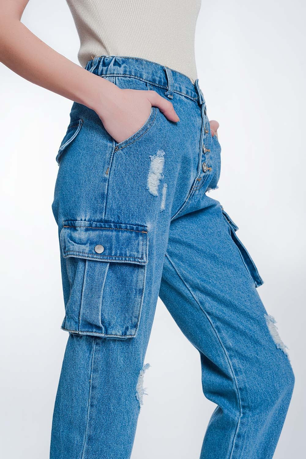 Jeans rigidi classici con tasche cargo azzurro stone wash