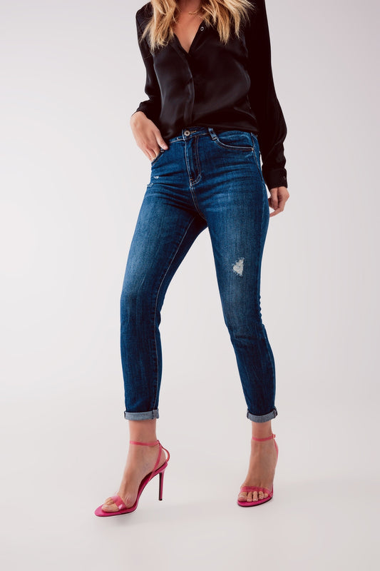 Q2 Jeans skinny a vita alta blu lavaggio medio con strappi