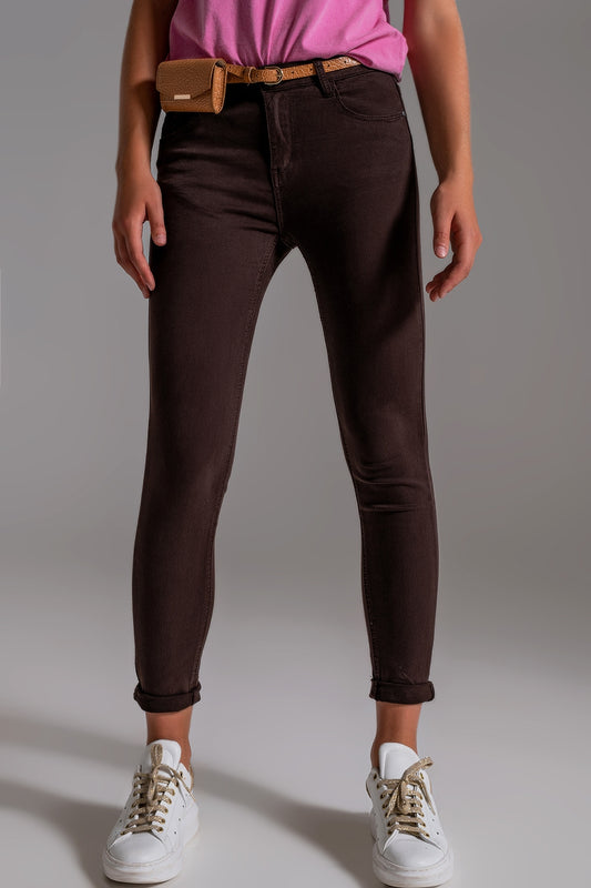 Q2 Jeans skinny a vita alta in marrone