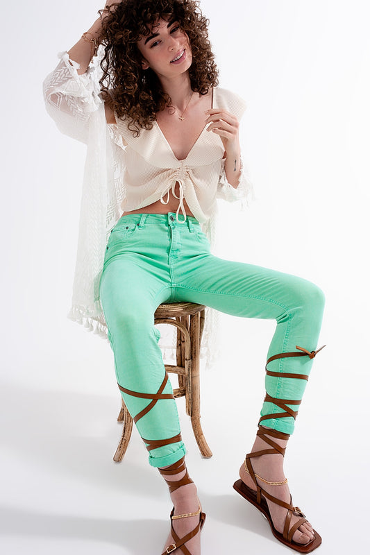 Q2 Jeans skinny a vita alta in verde pistacchio