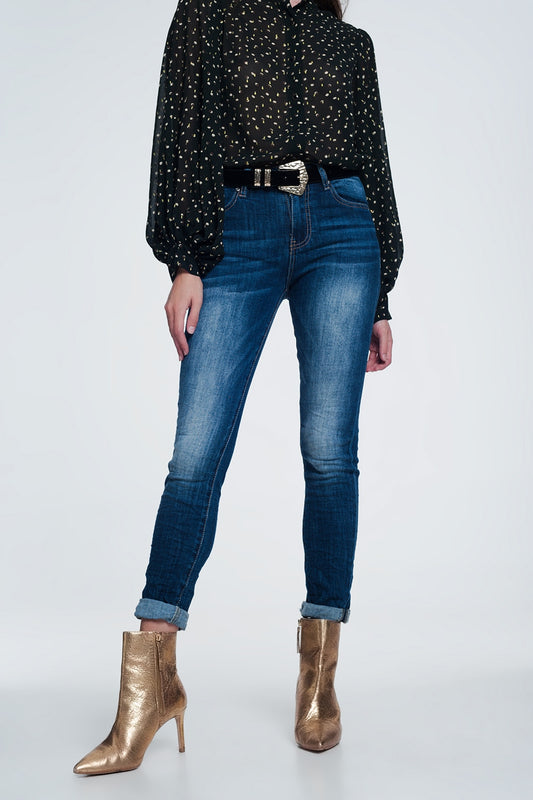 Q2 Jeans skinny a vita alta lavaggio stone wash blu molto scuro