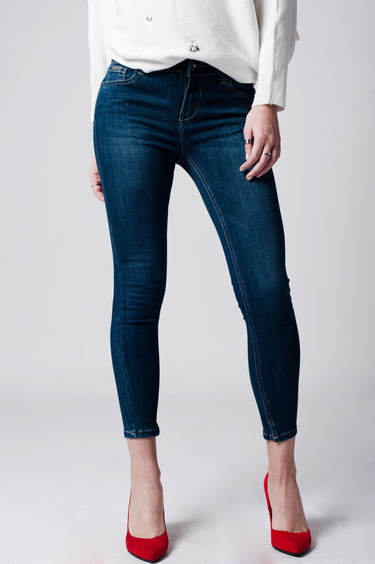 Q2 Jeans skinny a vita bassa in denim scuro