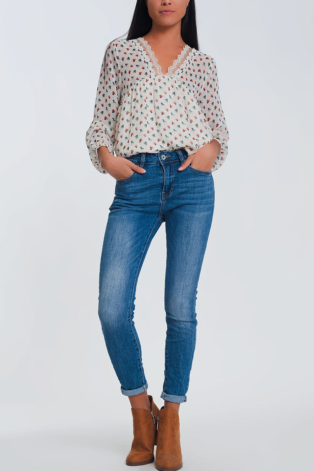 Q2 Jeans skinny a vita meta azzurri