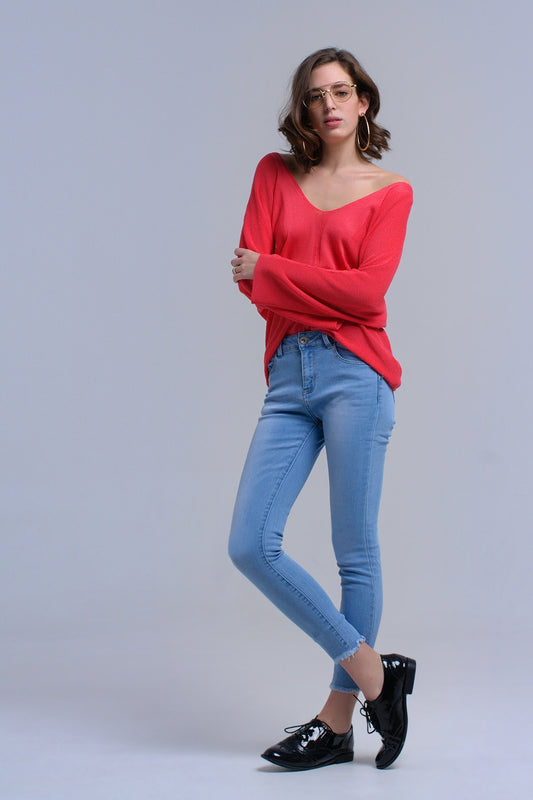 Q2 Jeans skinny azzurri con frange
