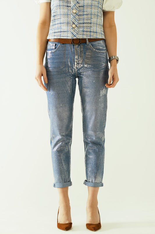 Q2 Jeans skinny blu con finitura metallica in lavaggio chiaro