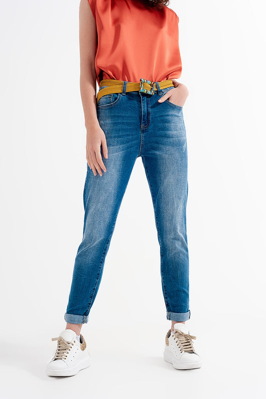 Q2 Jeans skinny blu lavaggio scuro con abrasioni