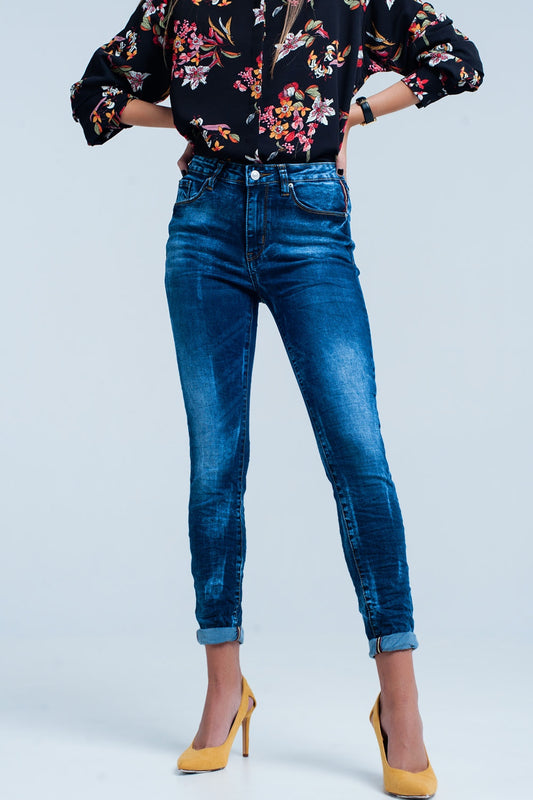 Q2 Jeans skinny Blu rugoso a vita alta