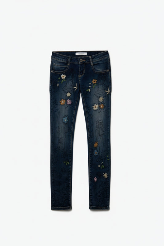 Q2 Jeans skinny con fiori ricamati multicolori