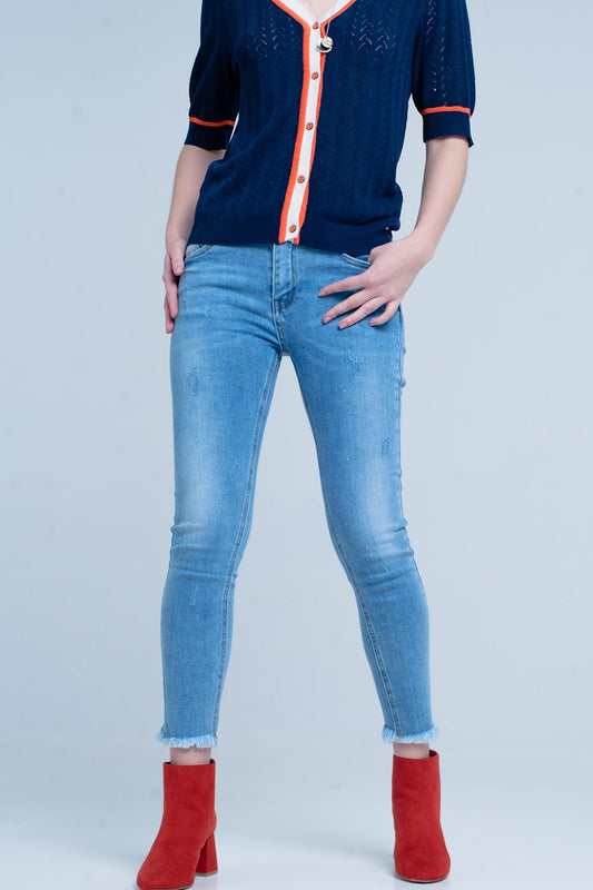 Q2 Jeans Skinny con frange blu