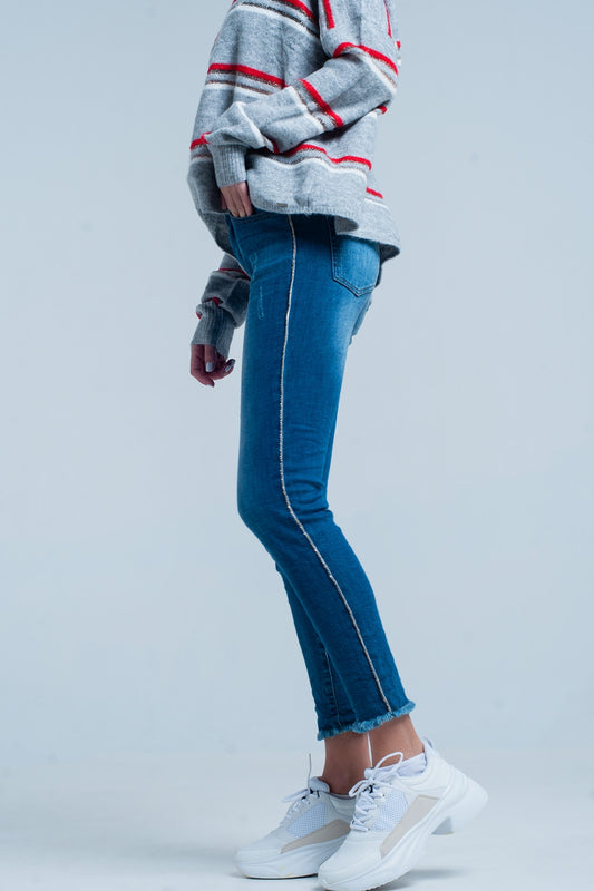 Q2 Jeans skinny con striscia laterale con strass