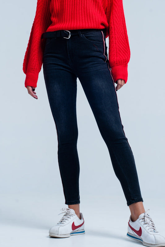 Q2 Jeans skinny neri con banda laterale rosso