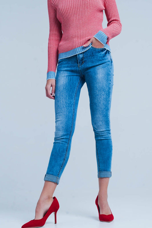 Q2 Jeans skinny slavati con stampa leopardo
