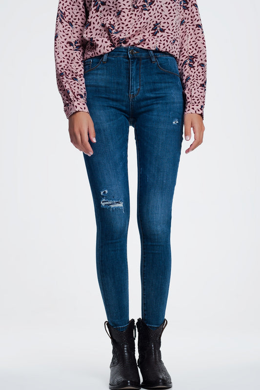 Q2 Jeans skinny strappati blu