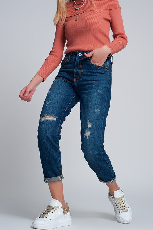 Q2 Jeans slim mom a vita alta in lavaggio blu con strappi frontali