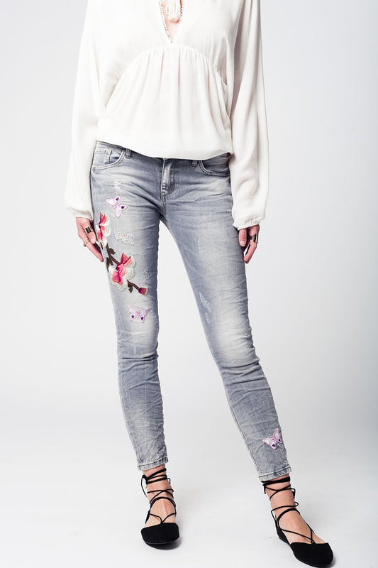 Q2 Jeans slim ricamati denim grigio
