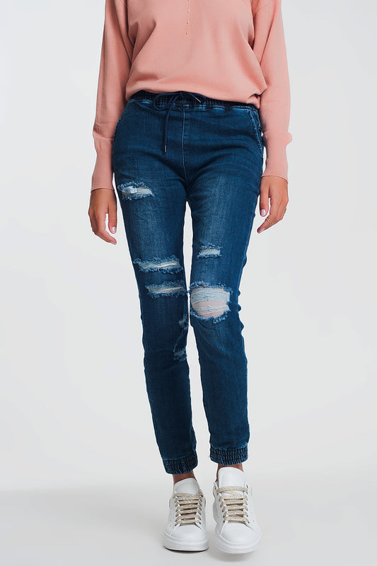 Q2 Jeans stile joggers leggeri in denim scuro