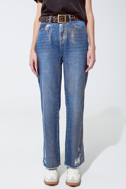 Q2 Jeans strappati a gamba dritta con bagliori metallici dorati