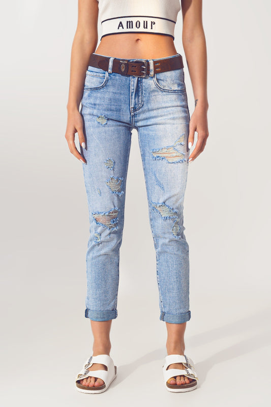 Q2 Jeans strappati in blu chiaro