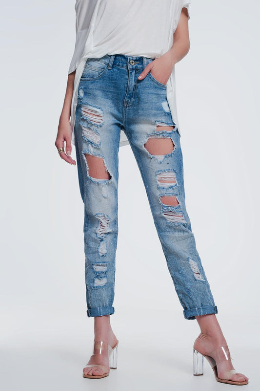 Q2 Jeans strappati vita super alta dritti azzurri