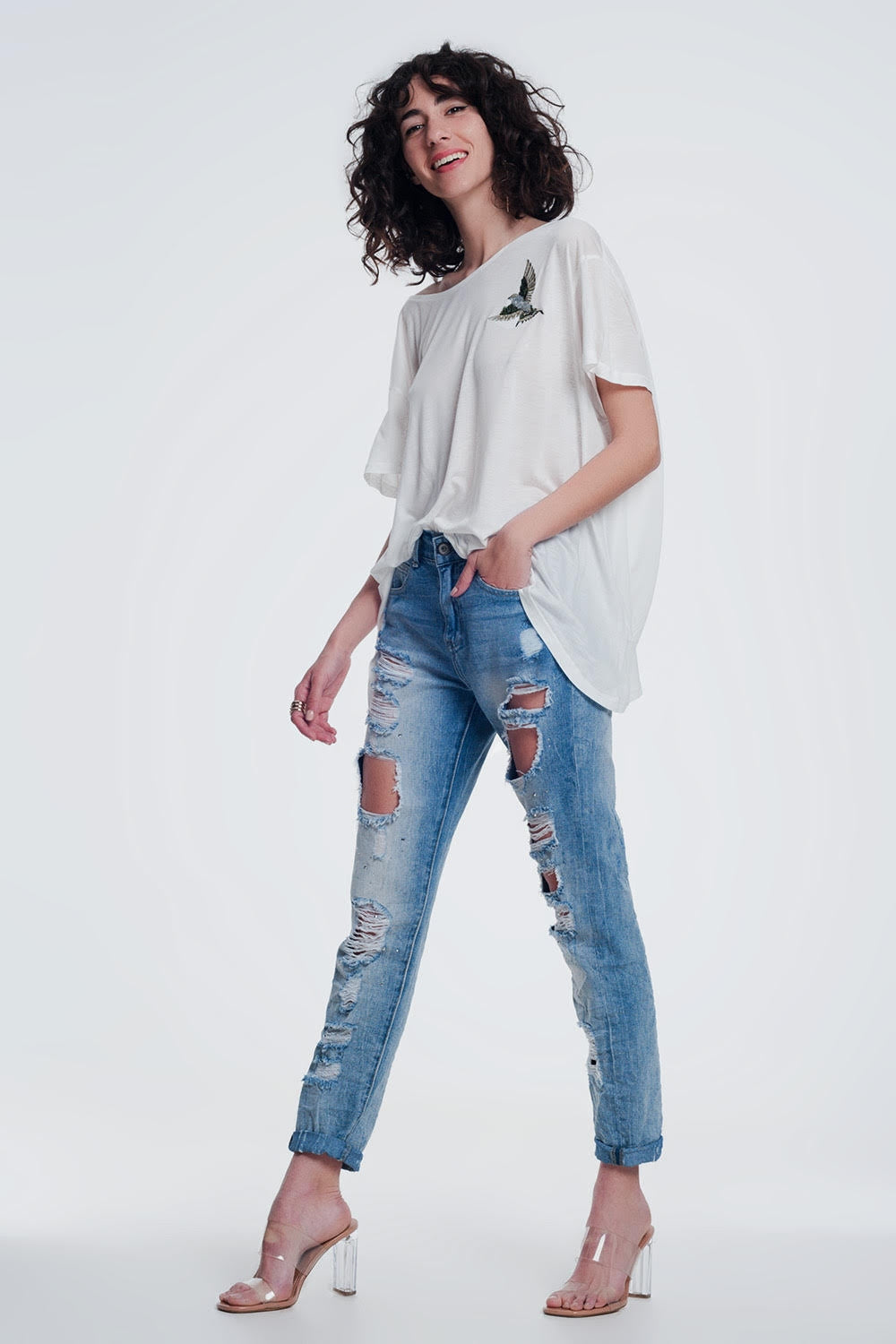 Jeans strappati vita super alta dritti azzurri