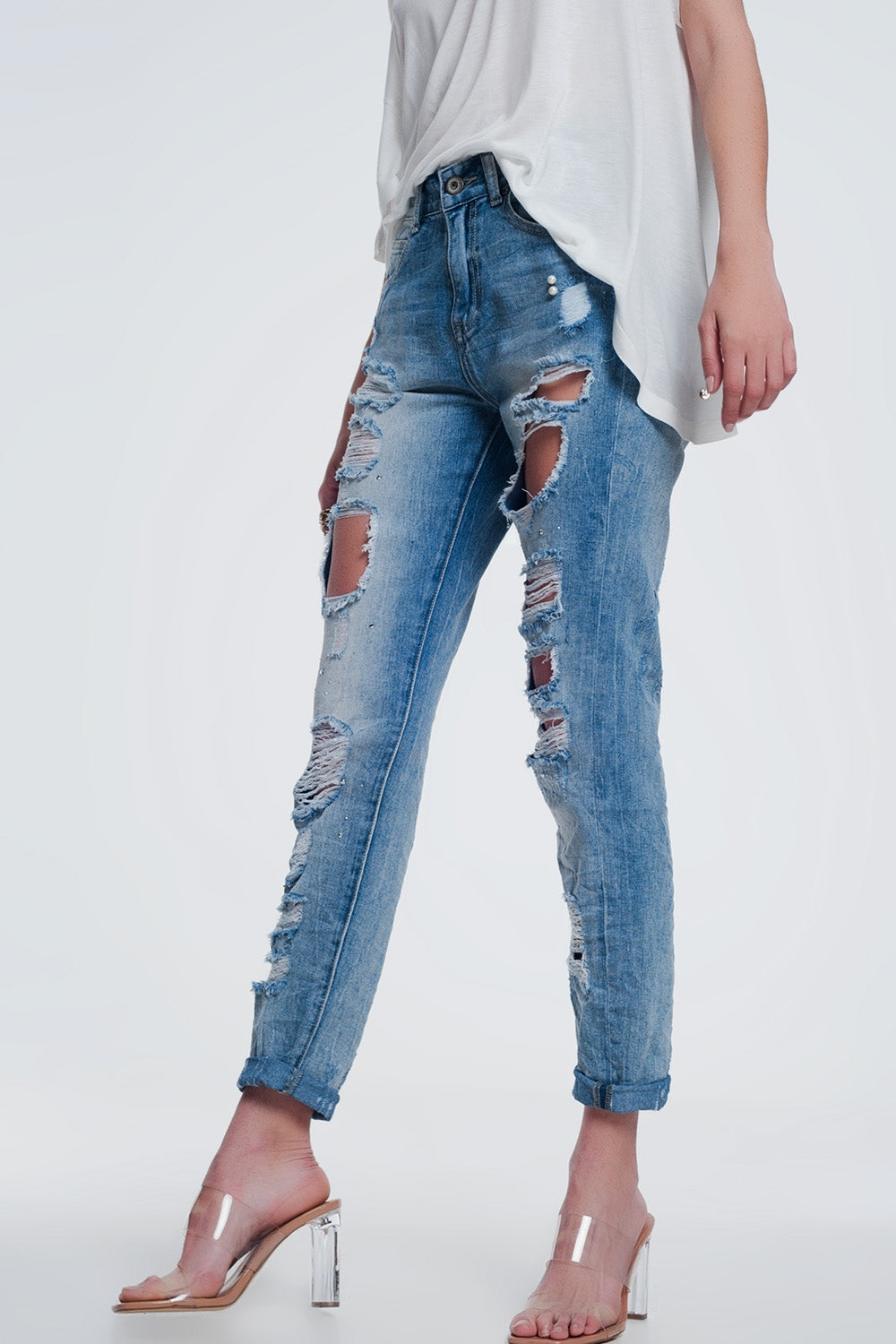 Jeans strappati vita super alta dritti azzurri