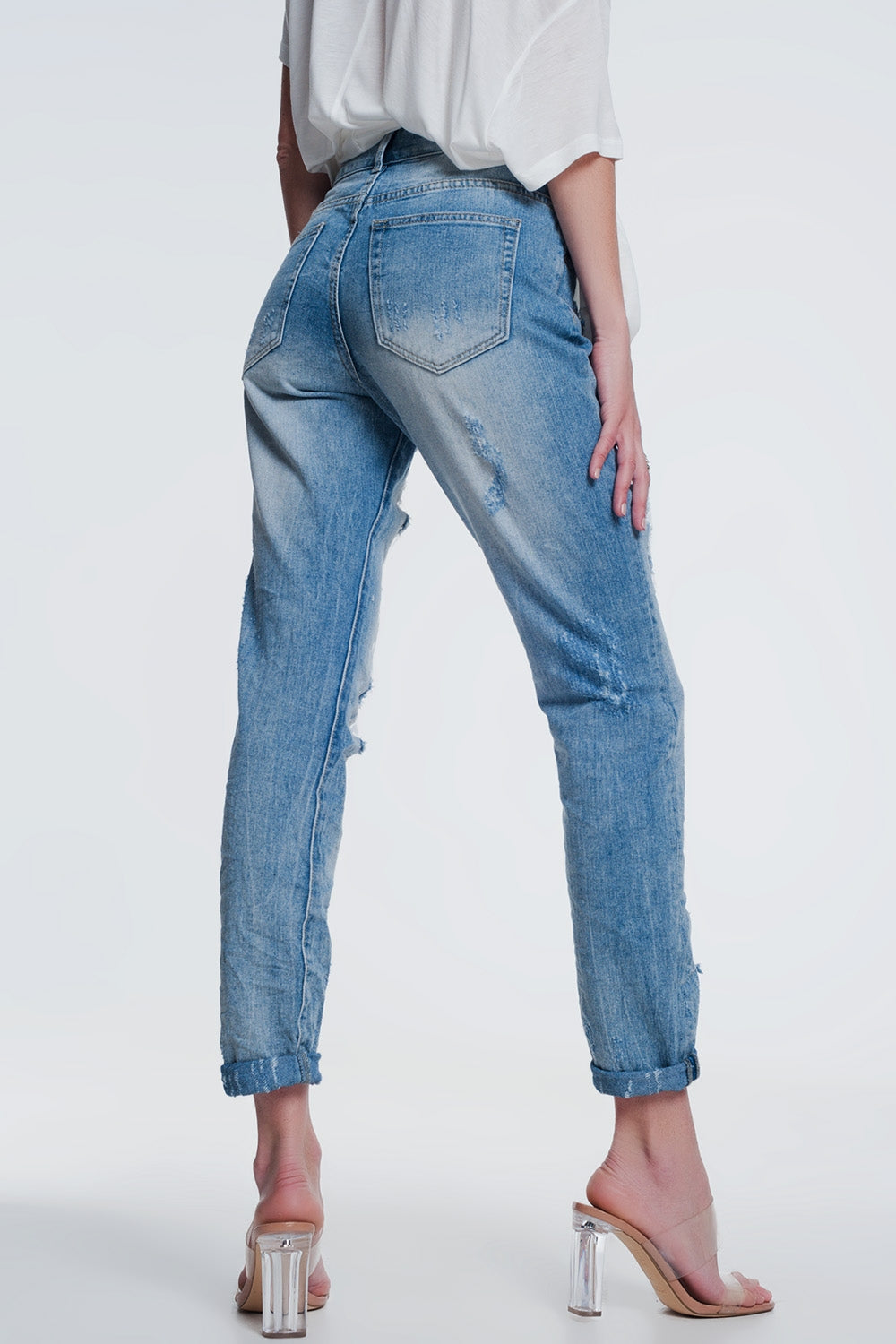 Jeans strappati vita super alta dritti azzurri