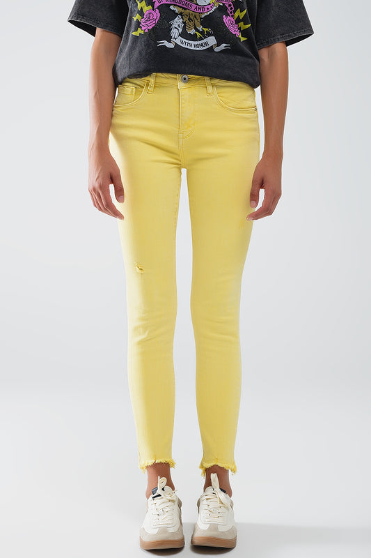 Q2 Jeans stretch super skinny gialli con orlo frastagliato